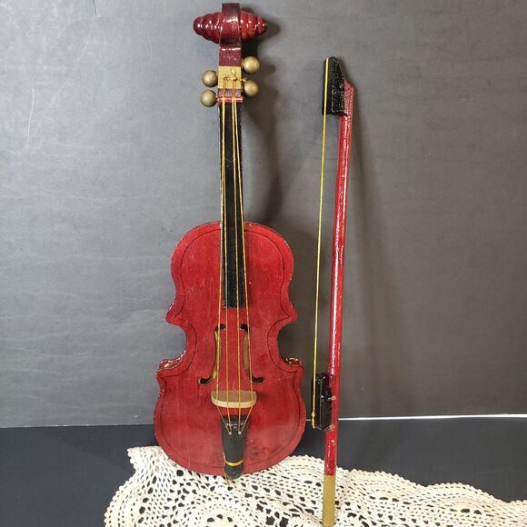 Vintage Faux Miniature Wooden Violin with Bow Shelf Decoration Decor 15" - Picture 12 of 12